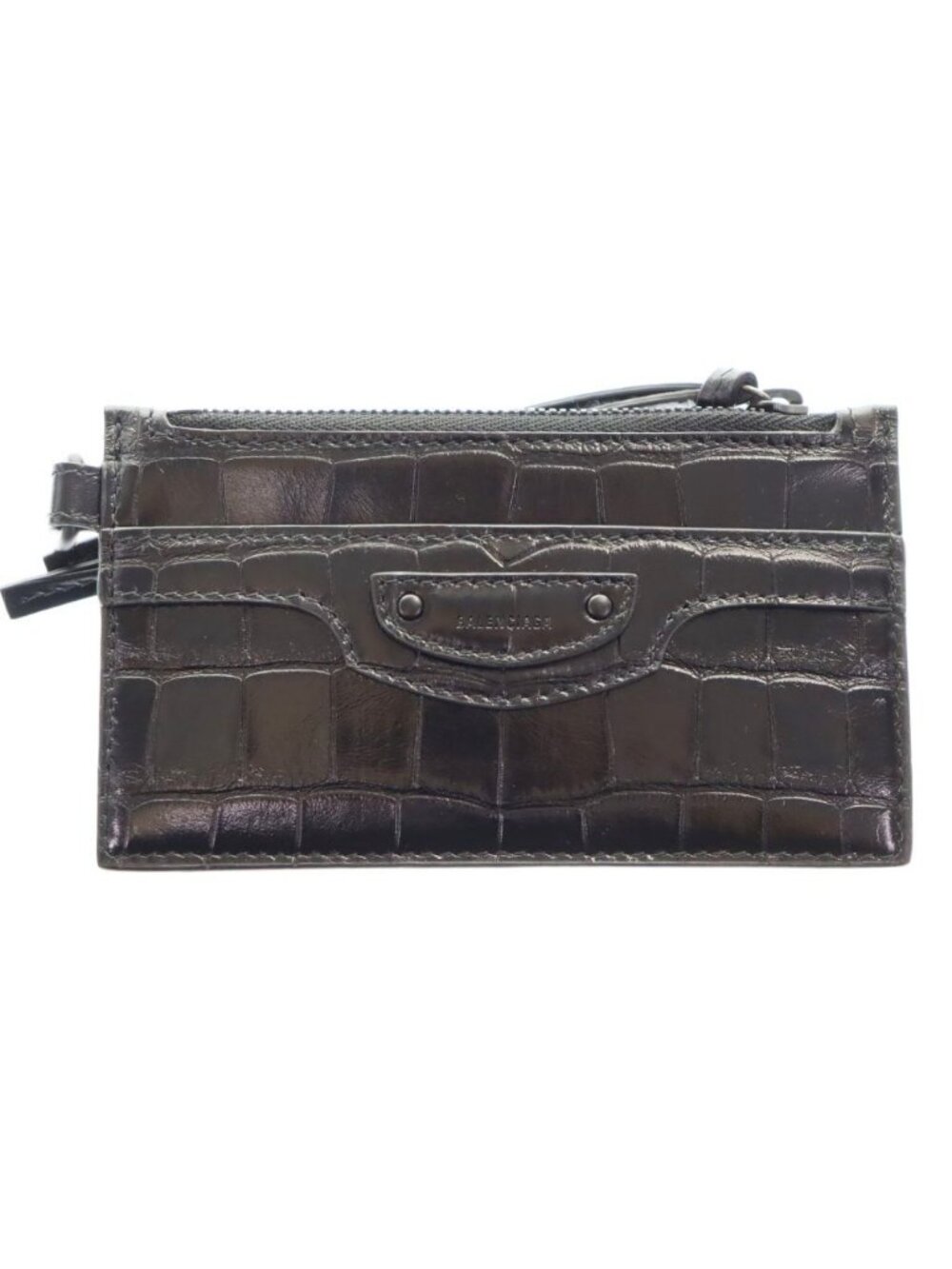 Balenciaga Neo Classic Croco Embossed Pass Case Card with Neck Strap Black
